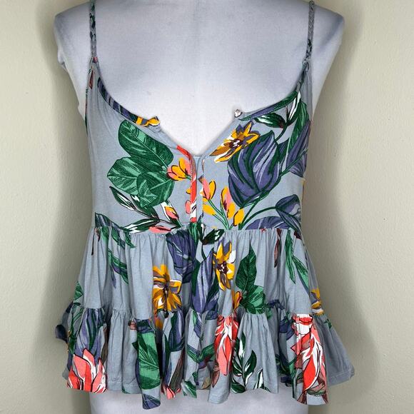 Patrons of Peace Babydoll Cami Tank SMALL Gray Floral Top Tiered Ruffle Cropped - Picture 1 of 8